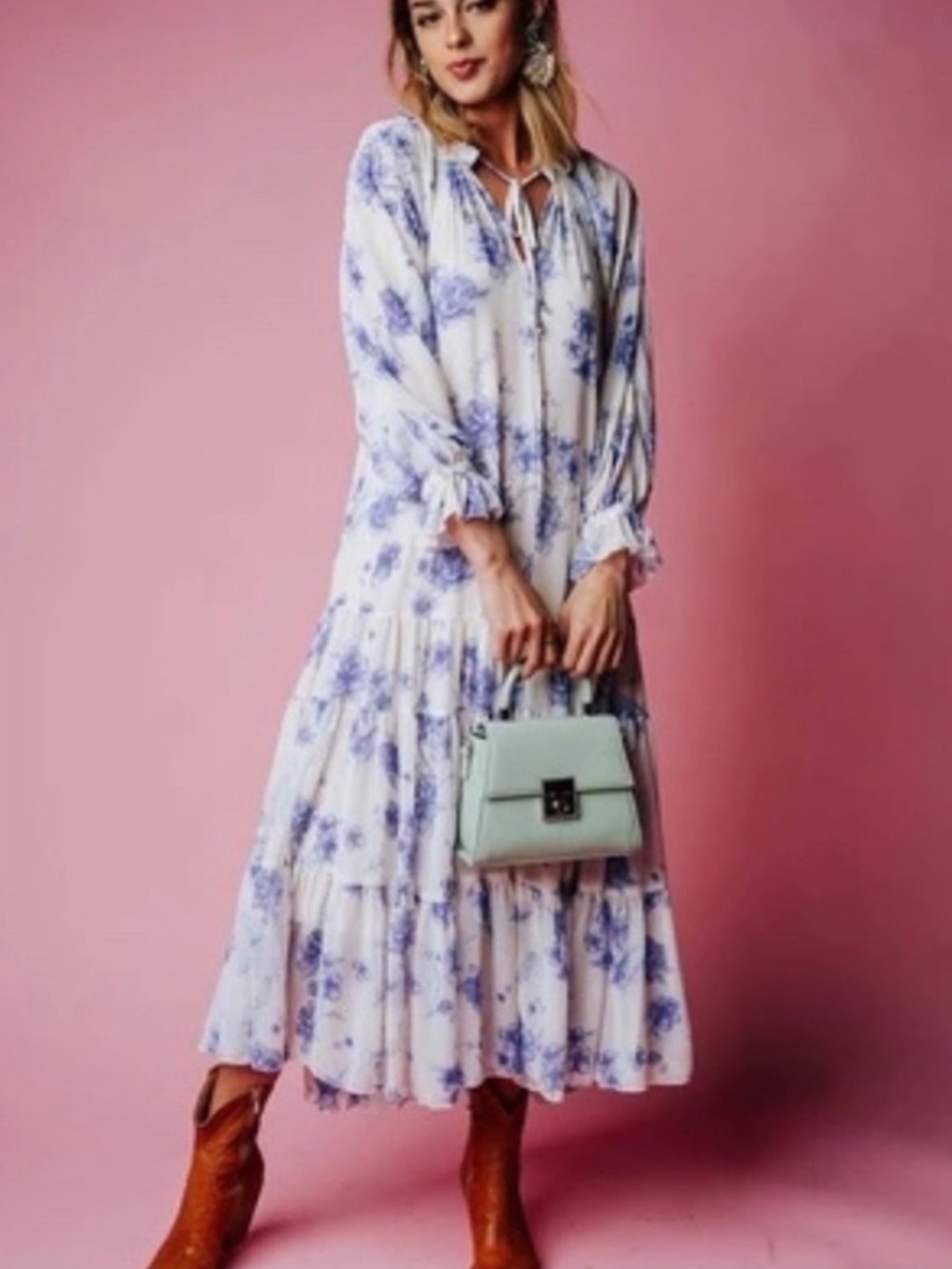 Free People Feeling Groovy Floral Maxi Dress Tiered Ruffle Prairie Boho - Picture 2 of 14